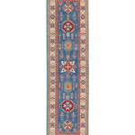 Full front view of blue & ivory Kazak-inspired wool runner 29655.