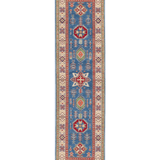 Full front view of blue & ivory Kazak-inspired wool runner 29655.