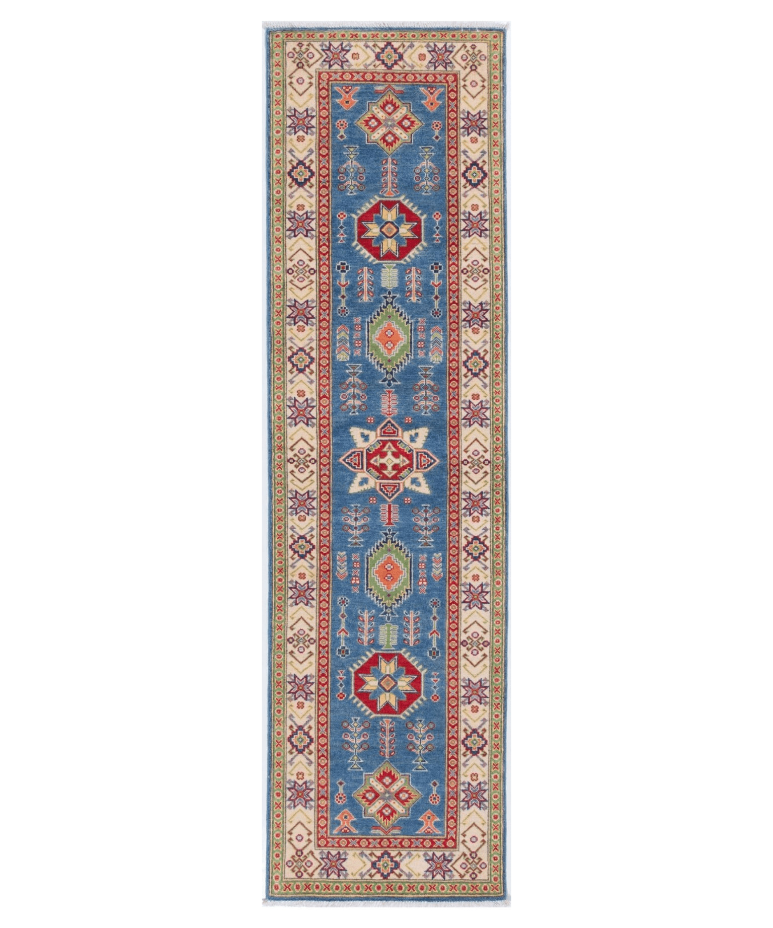 Full front view of blue & ivory Kazak-inspired wool runner 29655.