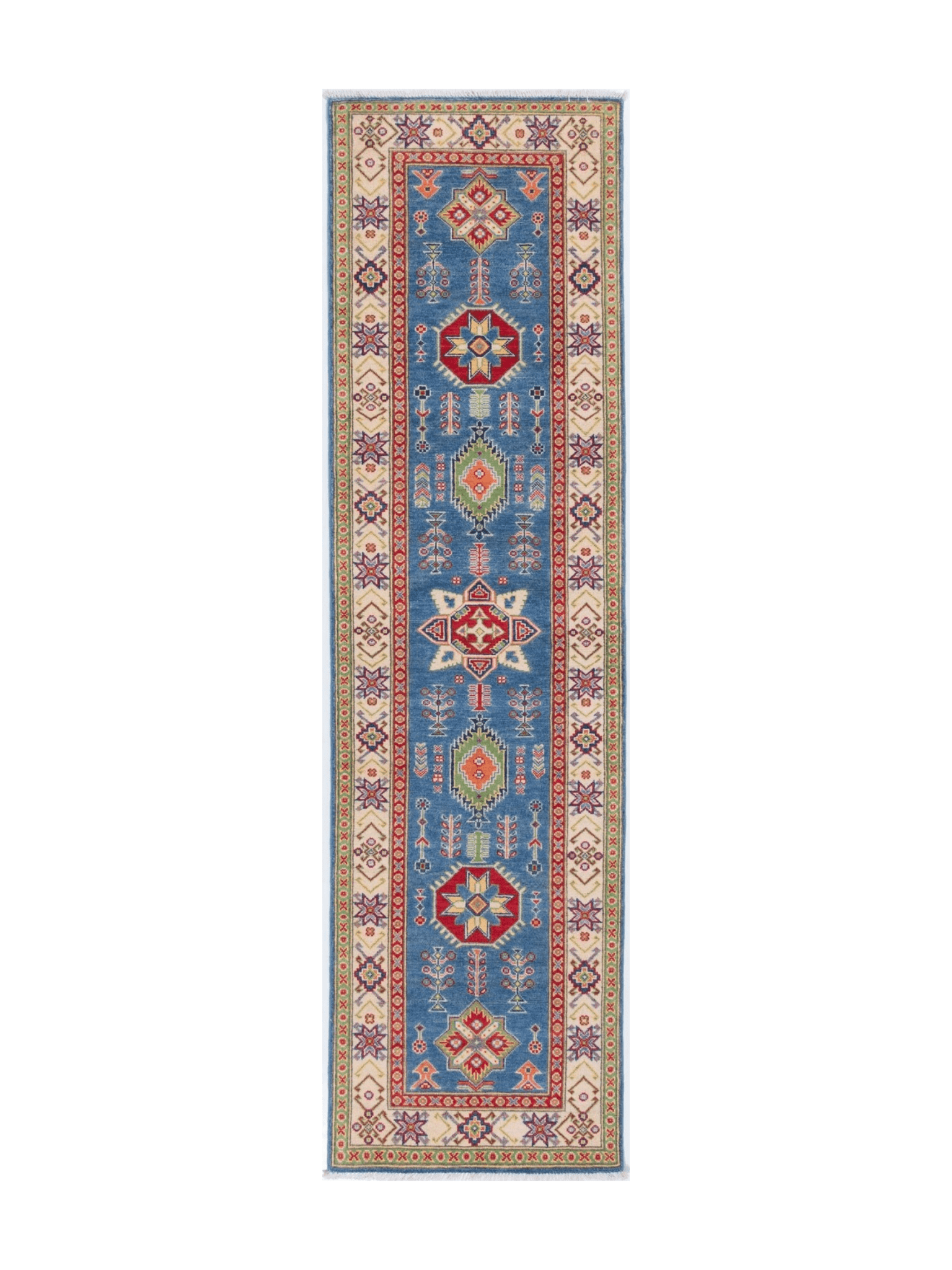 Full front view of blue & ivory Kazak-inspired wool runner 29655.
