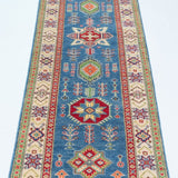 Full view from a low angle of blue & ivory Kazak-inspired wool runner 29655.