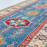 Pattern detail of blue & ivory Kazak-inspired wool runner 29655.