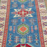 Pattern detail of blue & ivory Kazak-inspired wool runner 29655.