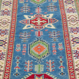Pattern detail of blue & ivory Kazak-inspired wool runner 29655.