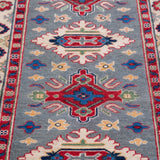 Pattern detail of blue & ivory Kazak-inspired wool runner 29657.