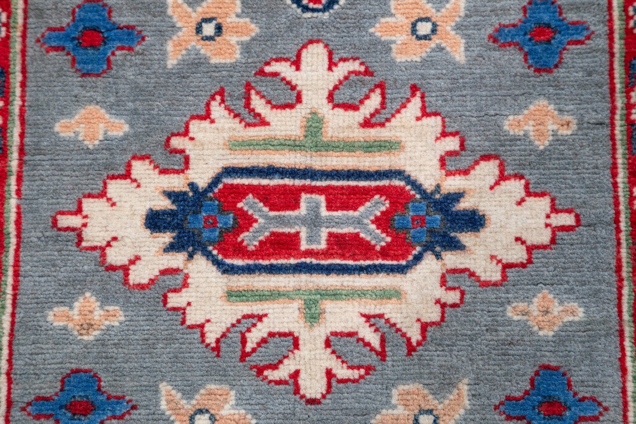 Pattern detail of blue & ivory Kazak-inspired wool runner 29657.