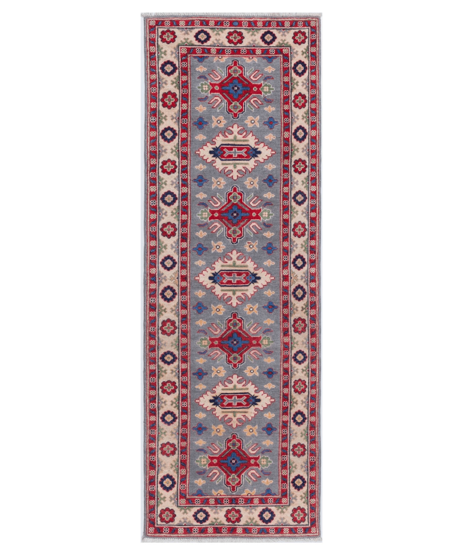 Full front view of blue & ivory Kazak-inspired wool runner 29657.