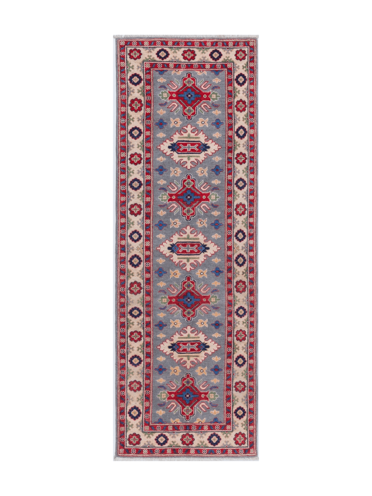 Full front view of blue & ivory Kazak-inspired wool runner 29657.