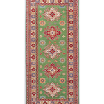 Full front view of green & red Kazak-inspired wool runner 29353.