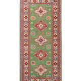 Full front view of green & red Kazak-inspired wool runner 29353.