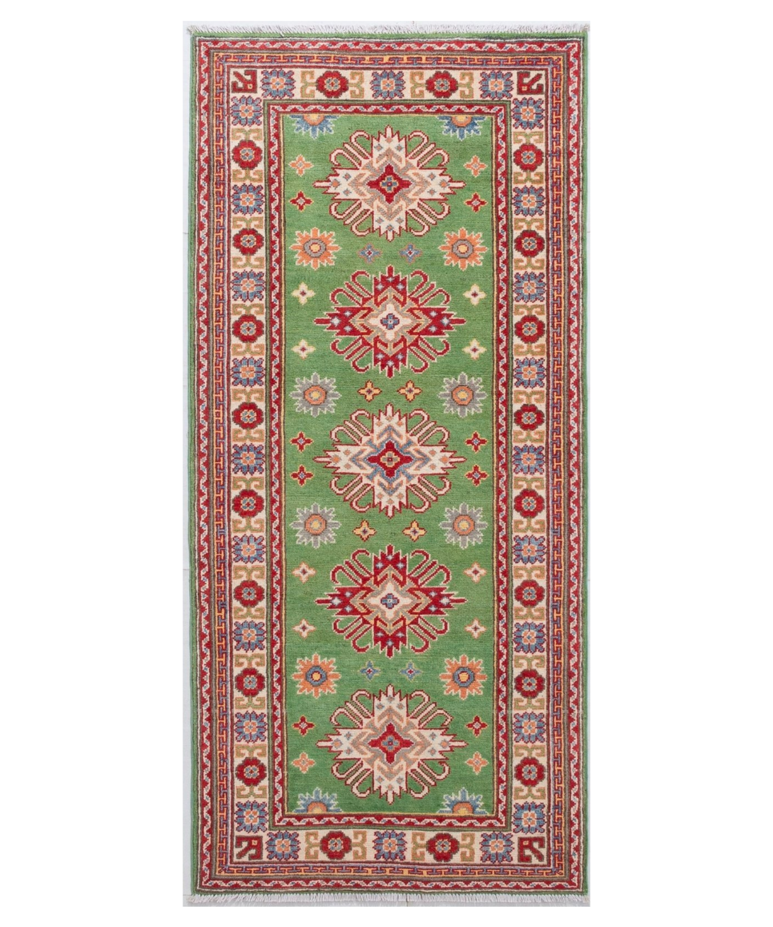 Full front view of green & red Kazak-inspired wool runner 29353.