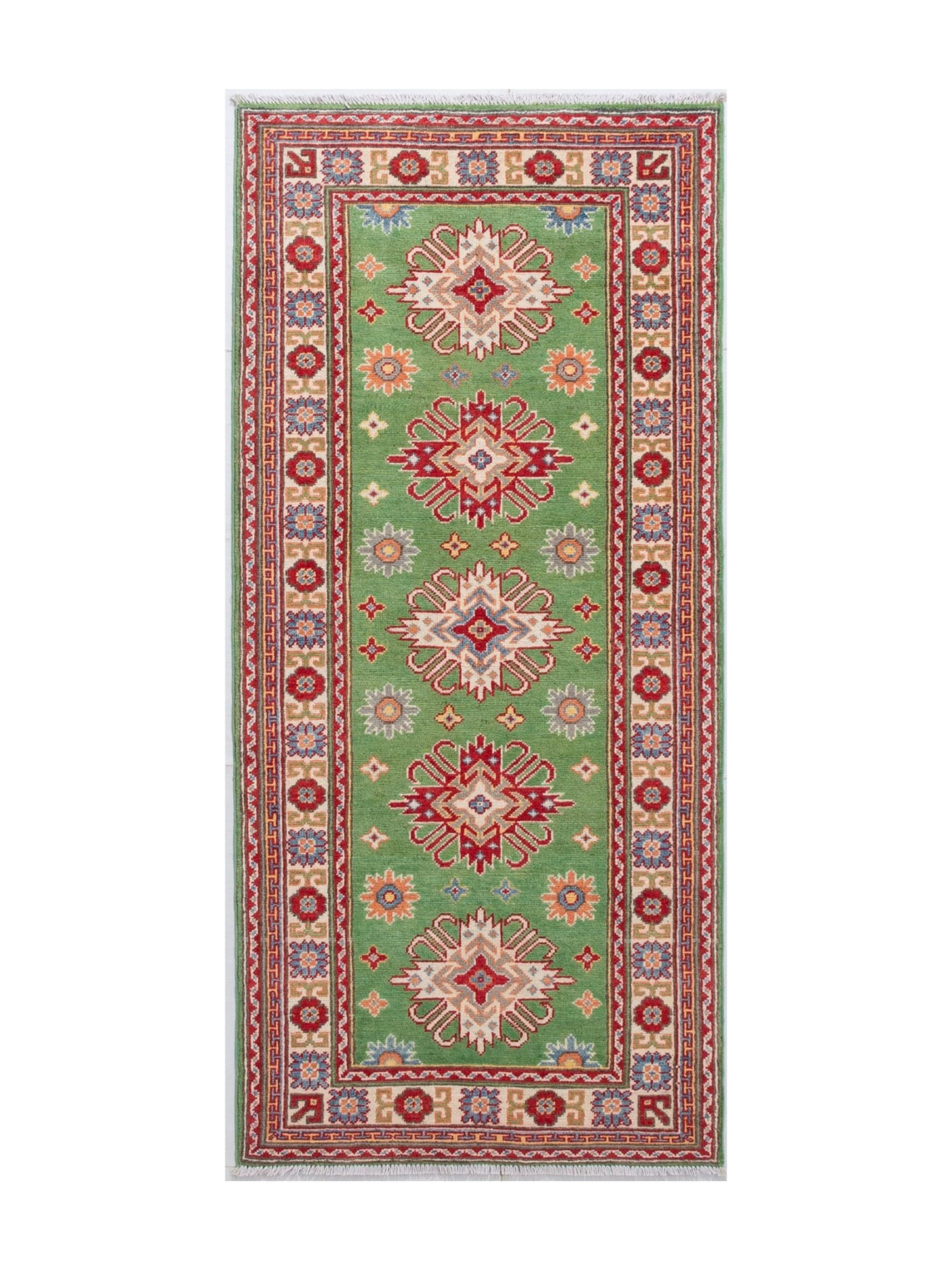 Full front view of green & red Kazak-inspired wool runner 29353.