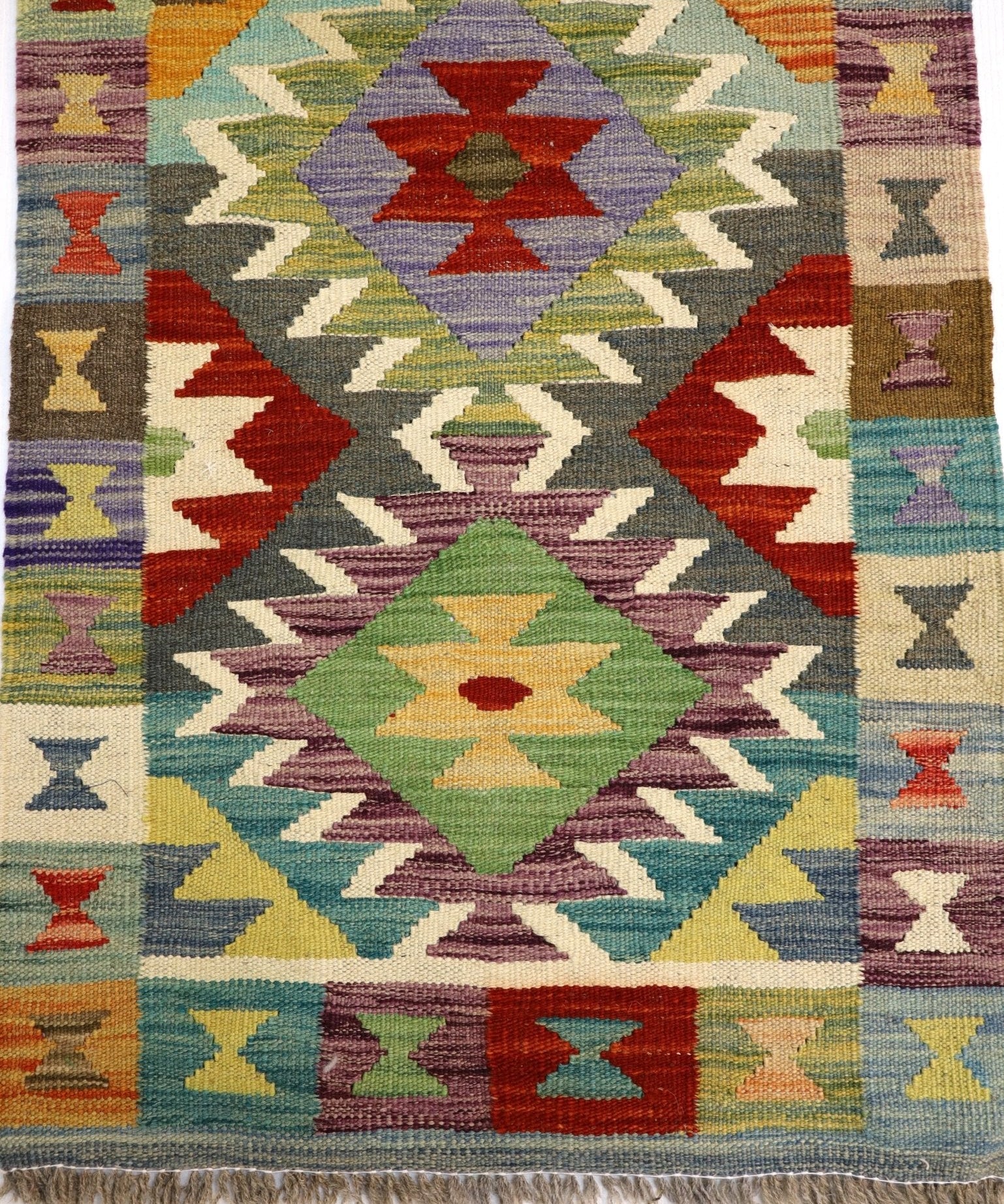 Afghan Maimana kilim rug, multicolor geometric diamond pattern with fringe