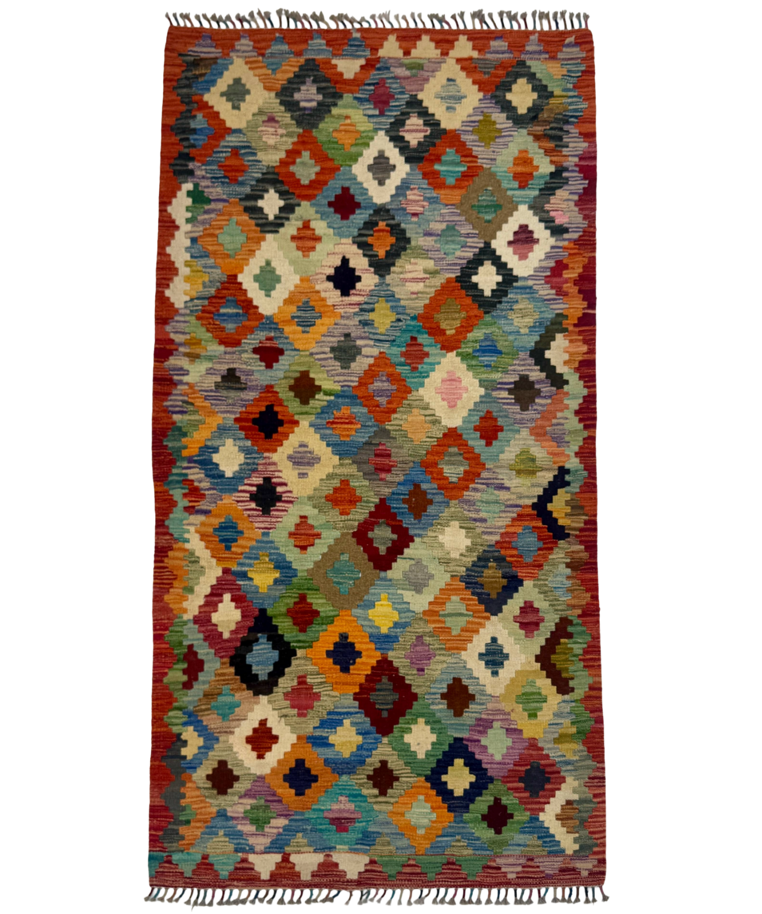Afghan kilim rug with rust red, cream, blue and geometric diamond pattern; fringed border