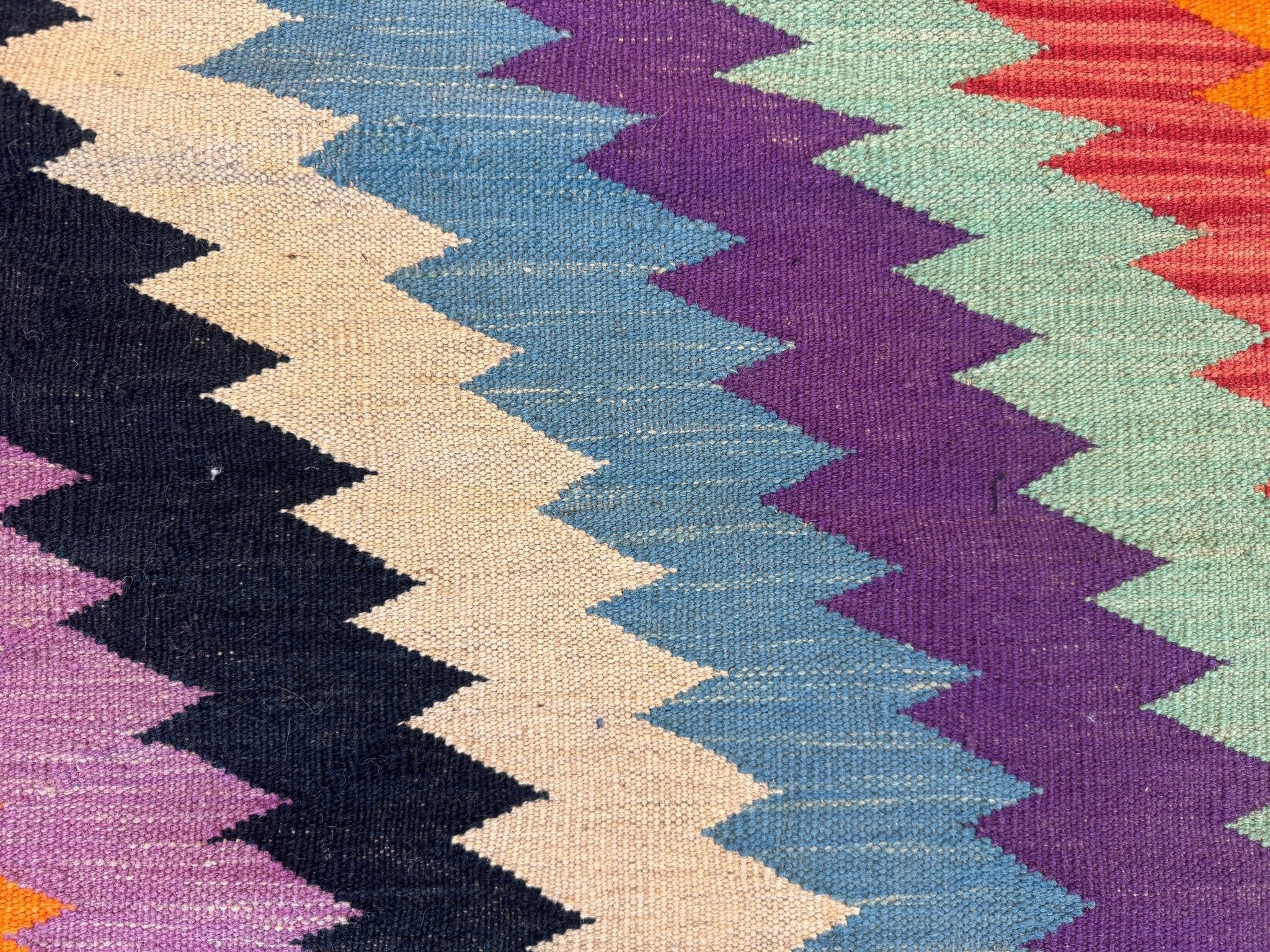 Close-up of multicolor zigzag kilim pattern in purple, blue, green, cream, and pink