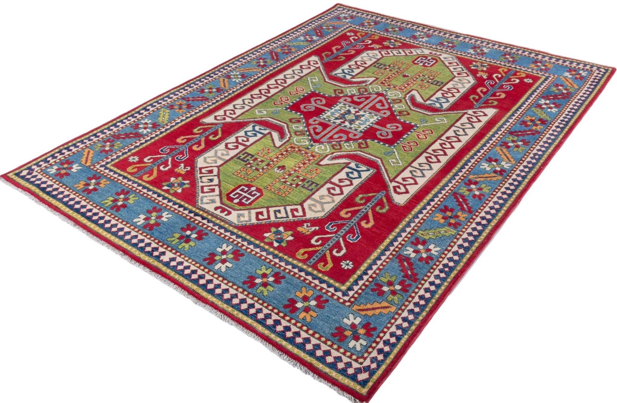 Full view at an angle of red & green Kazak-inspired wool rug 24948.
