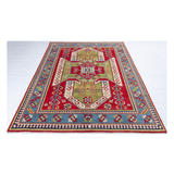 Full view from a low angle of red & green Kazak-inspired wool rug 24948.