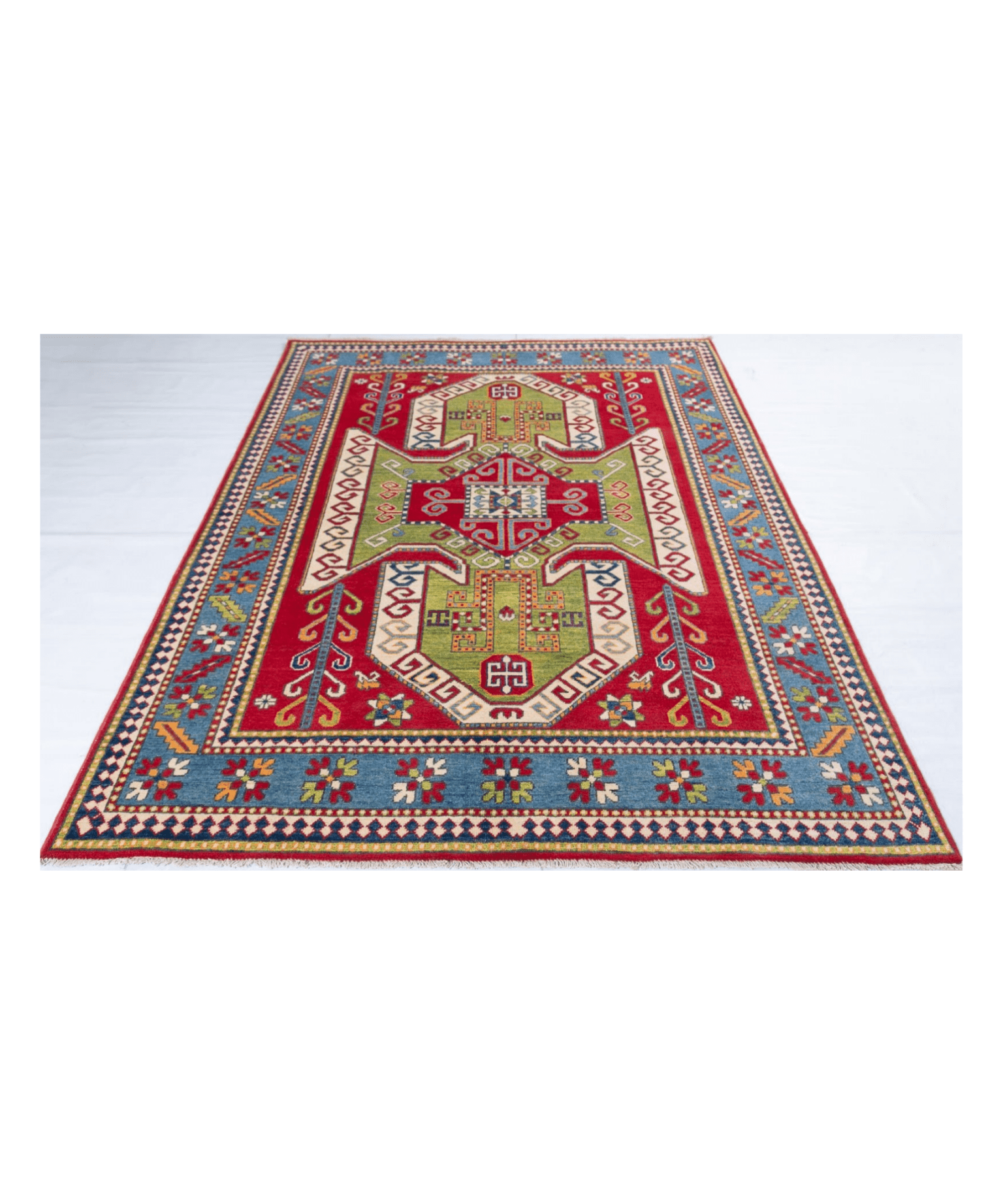 Full view from a low angle of red & green Kazak-inspired wool rug 24948.