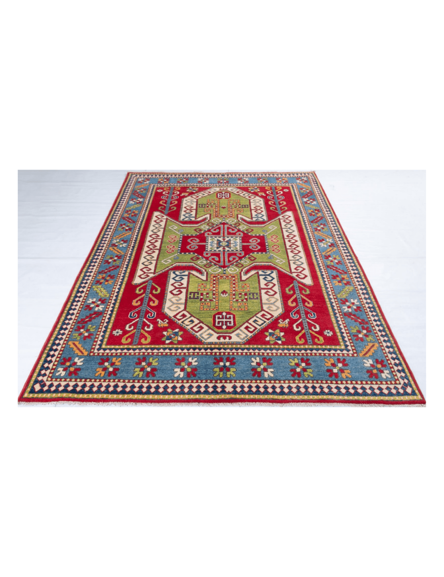 Full view from a low angle of red & green Kazak-inspired wool rug 24948.