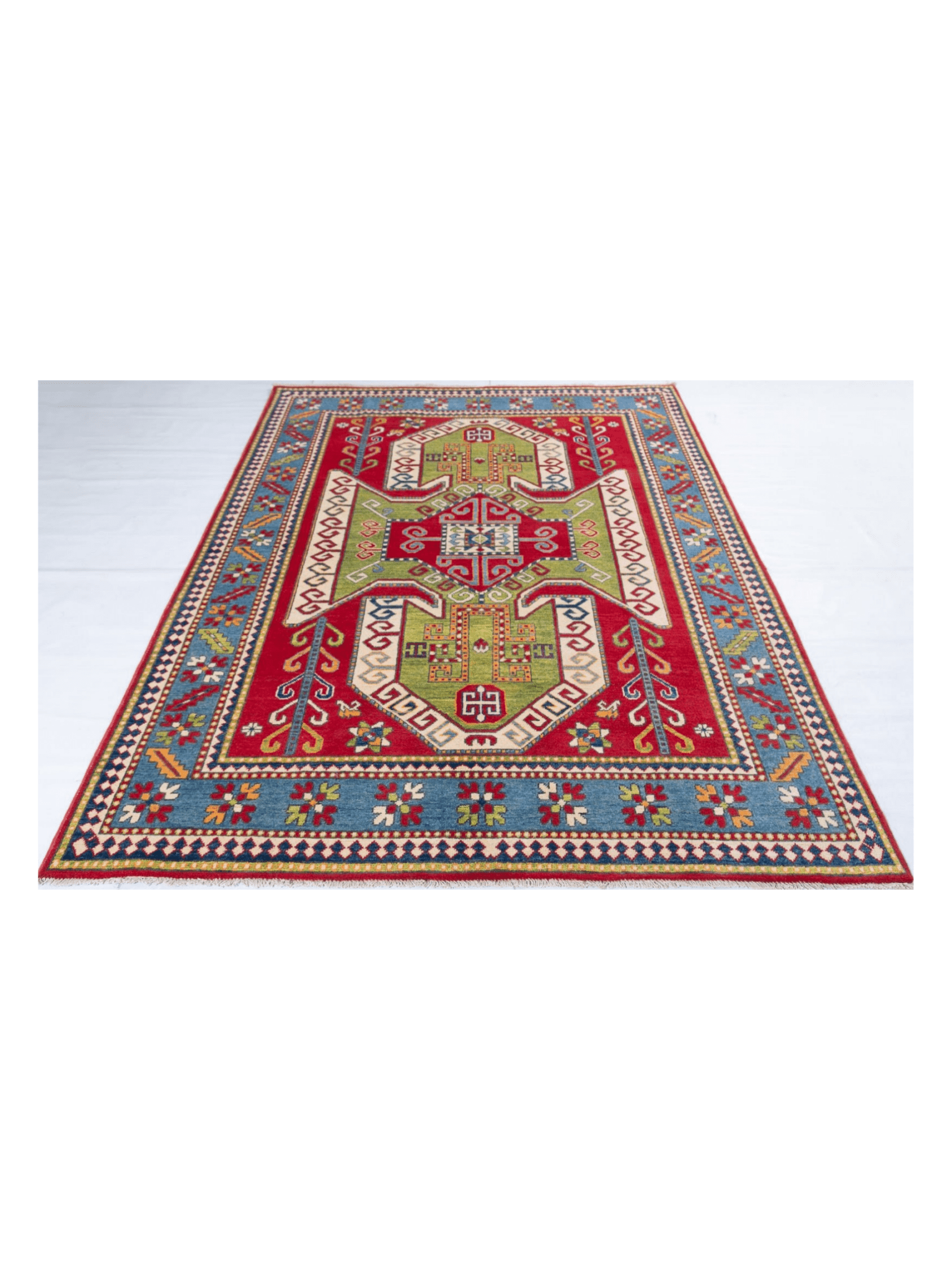 Full view from a low angle of red & green Kazak-inspired wool rug 24948.