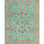 Full front view of turquoise & red Kazak-inspired wool rug 29664.