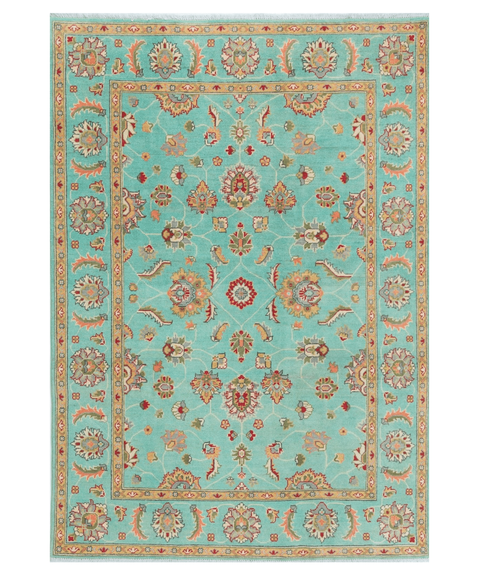 Full front view of turquoise & red Kazak-inspired wool rug 29664.