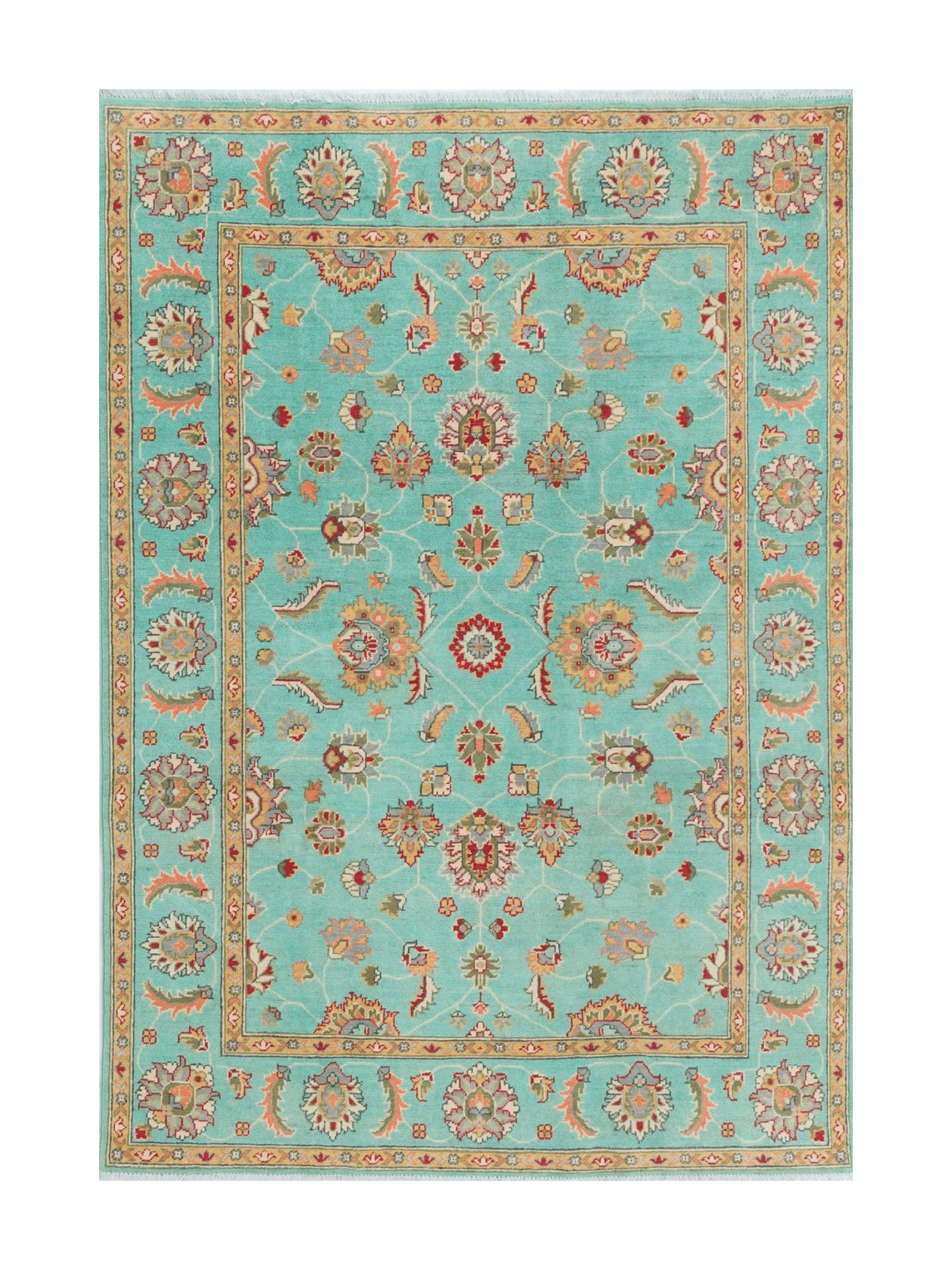 Full front view of turquoise & red Kazak-inspired wool rug 29664.