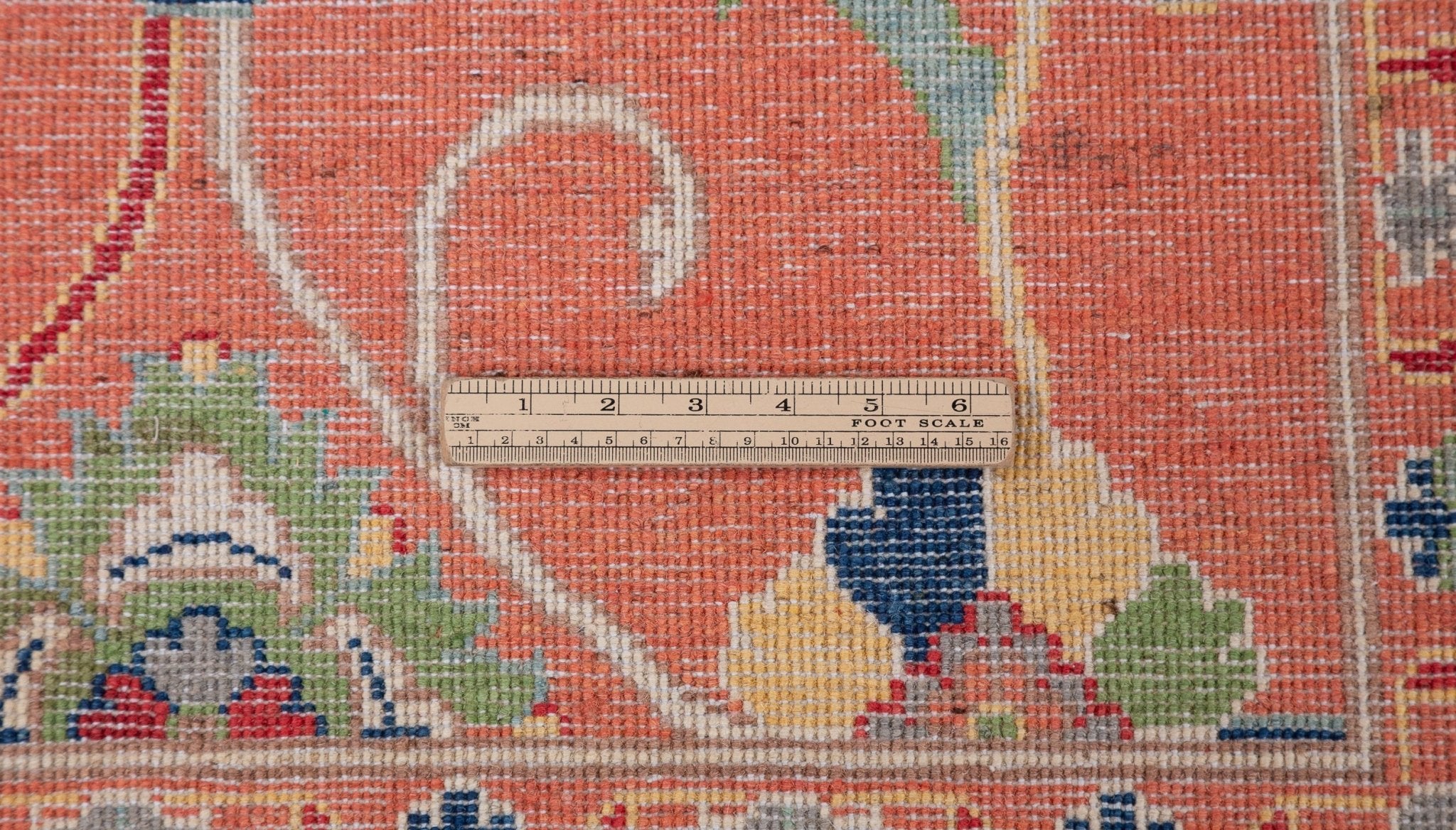 Wool pile close-up of orange & blue Kazak-inspired wool rug 29636.