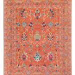 Full front view of orange & blue Kazak-inspired wool rug 29636.