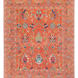 Full front view of orange & blue Kazak-inspired wool rug 29636.