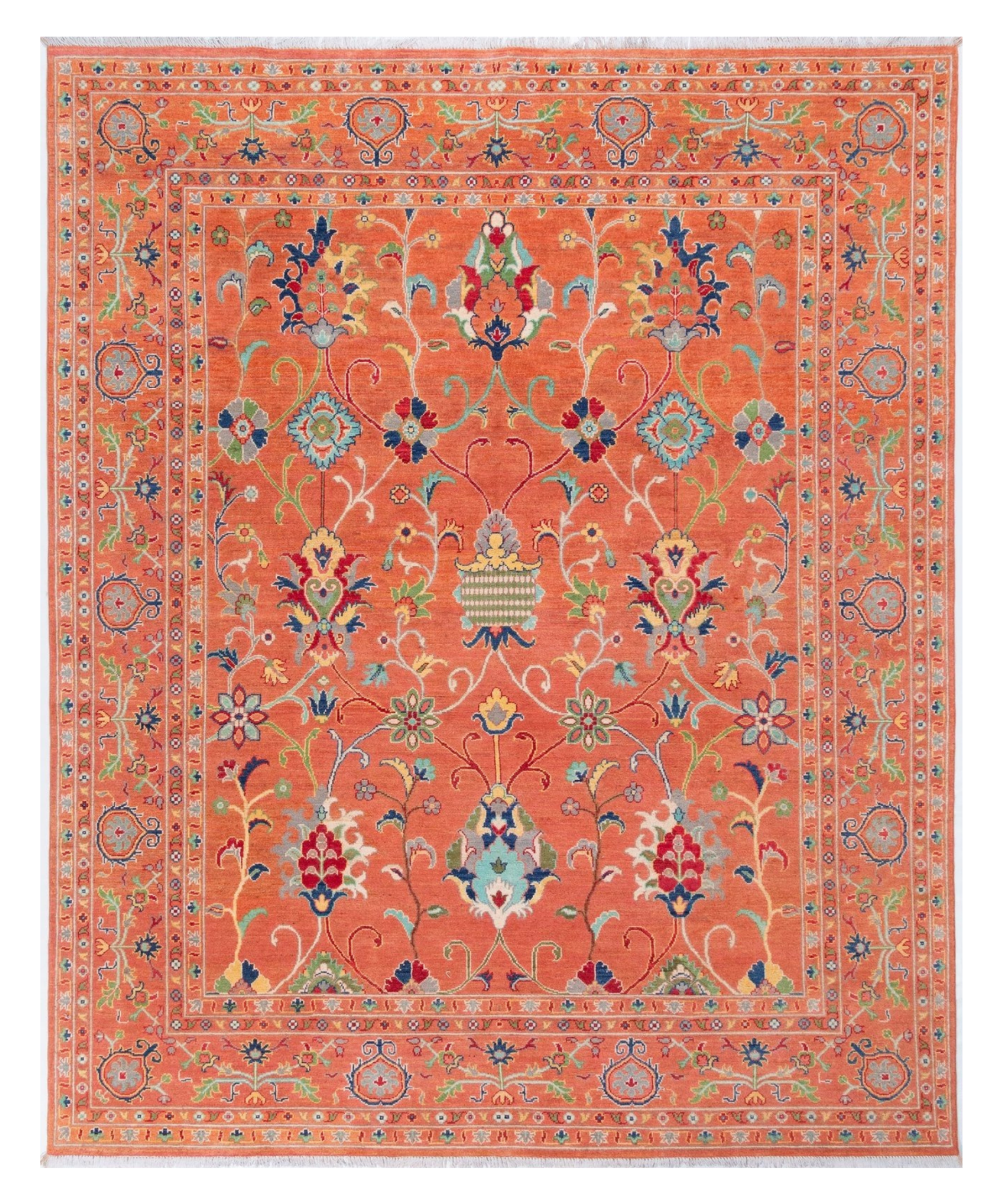 Full front view of orange & blue Kazak-inspired wool rug 29636.