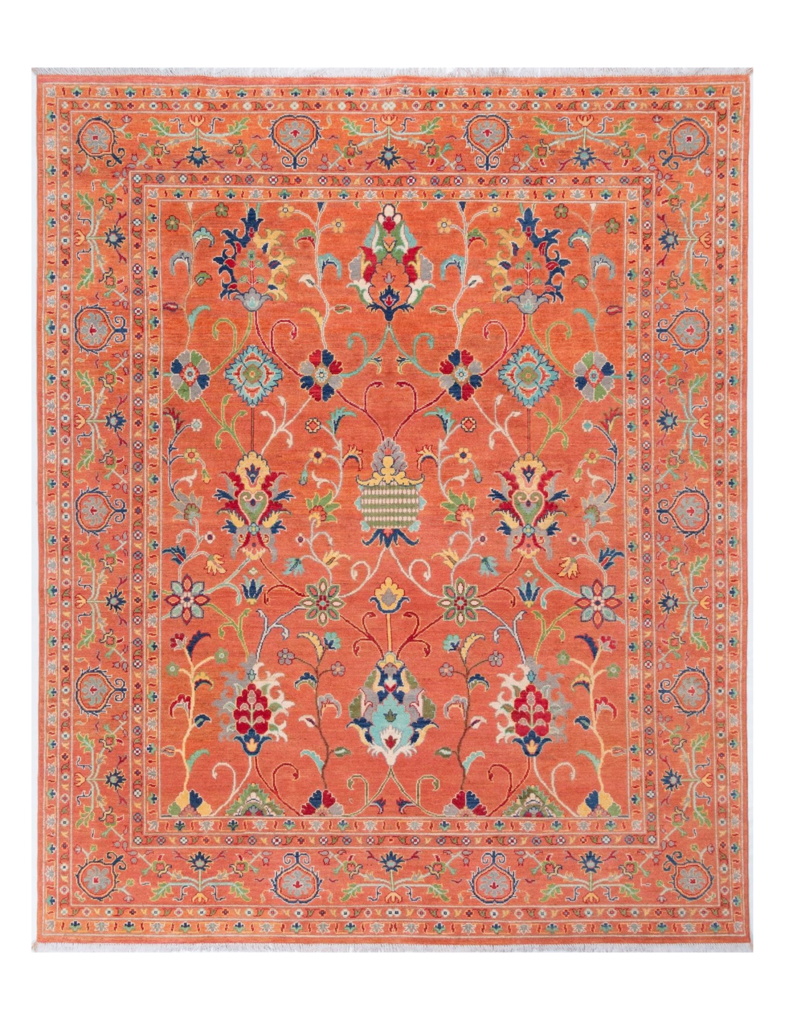 Full front view of orange & blue Kazak-inspired wool rug 29636.