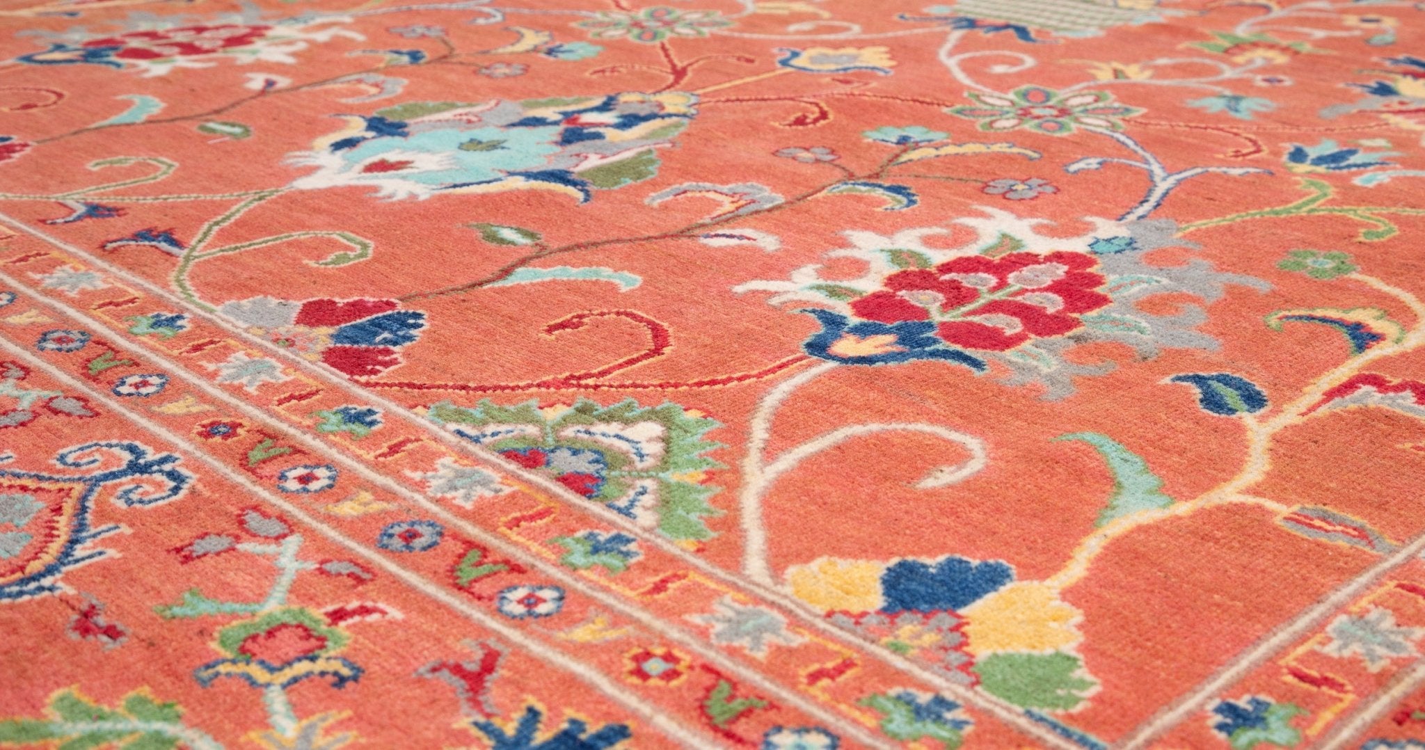 Pattern detail of orange & blue Kazak-inspired wool rug 29636.