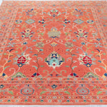 Full view from a low angle of orange & blue Kazak-inspired wool rug 29636.