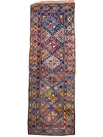 Antique tribal runner rug rectangle with rust, blue, and beige geometric diamond pattern