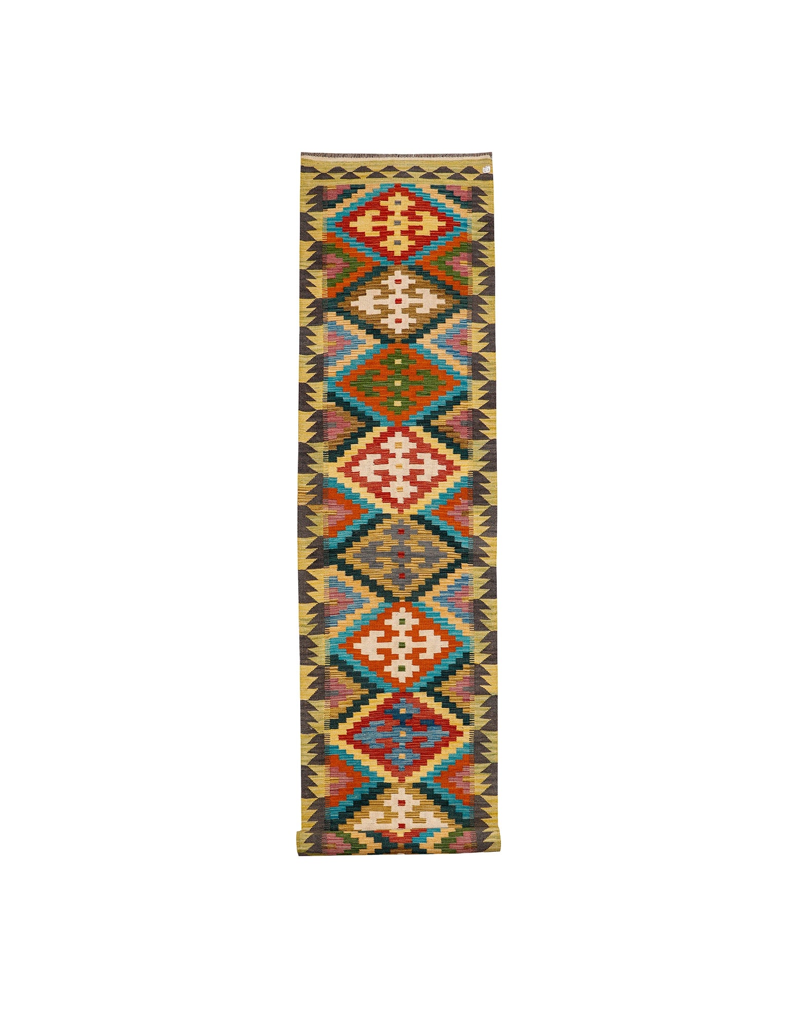 Afghan Maimana runner — Stepped Diamonds in Turquoise & Gold | 2'9" × 16'4" (83 × 497 cm)