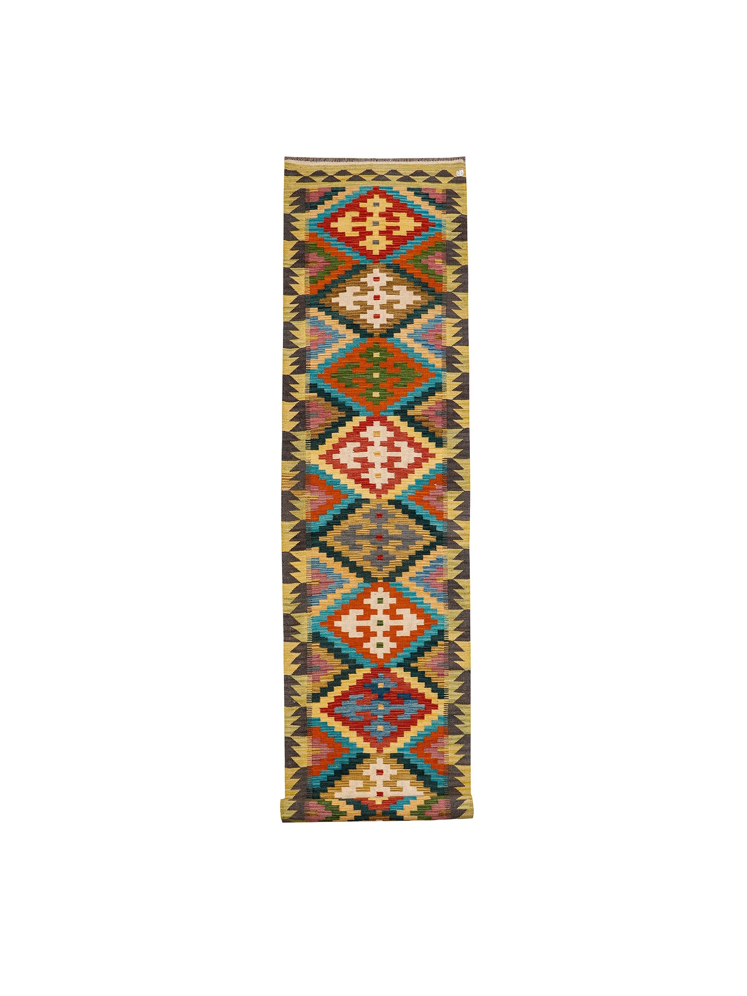 Afghan Maimana runner — Stepped Diamonds in Turquoise & Gold | 2'9" × 16'4" (83 × 497 cm)