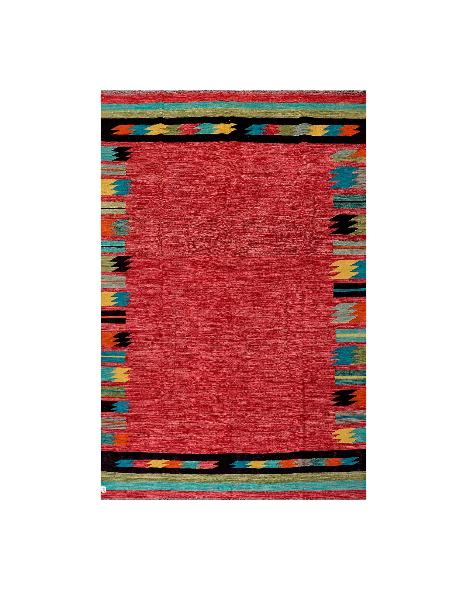 Afghan Maimana kilim — Red Field with Multicolour Stepped Borders | 6'5" × 9'11" (196 × 302 cm)