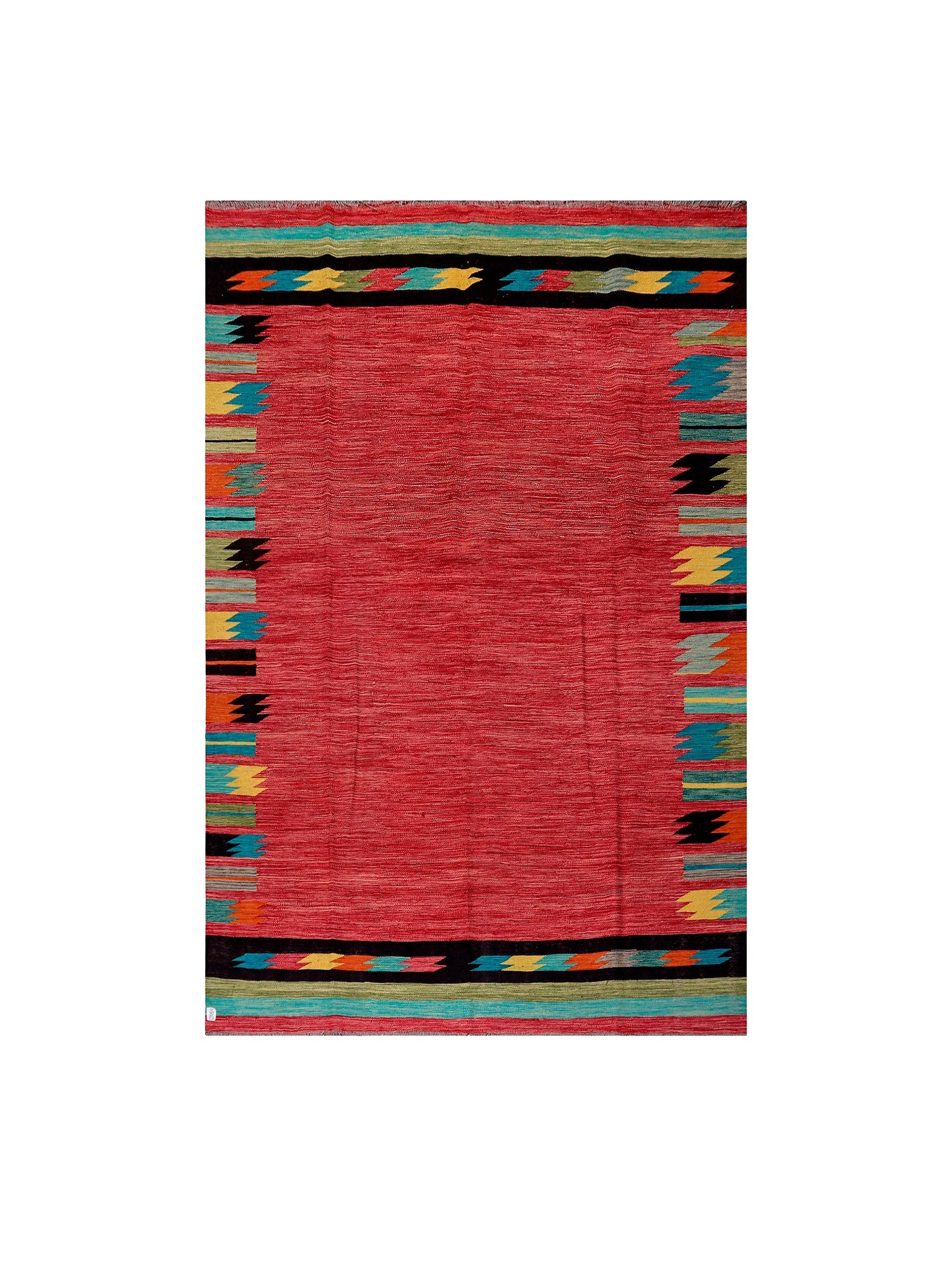 Afghan Maimana kilim — Red Field with Multicolour Stepped Borders | 6'5" × 9'11" (196 × 302 cm)
