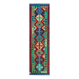Afghan Maimana runner — Diamond Chain in Mint & Blue | 2'9" × 9'5" (83 × 288 cm)