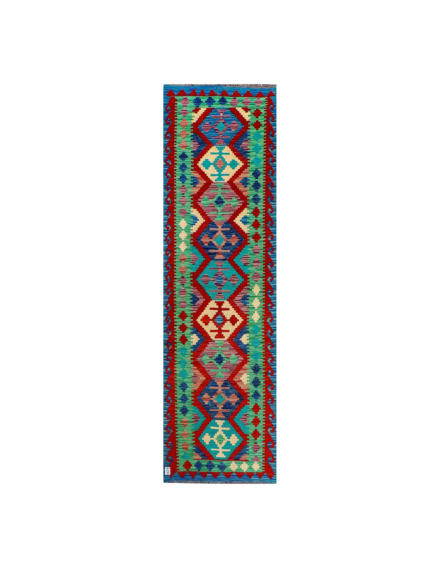 Afghan Maimana runner — Diamond Chain in Mint & Blue | 2'9" × 9'5" (83 × 288 cm)