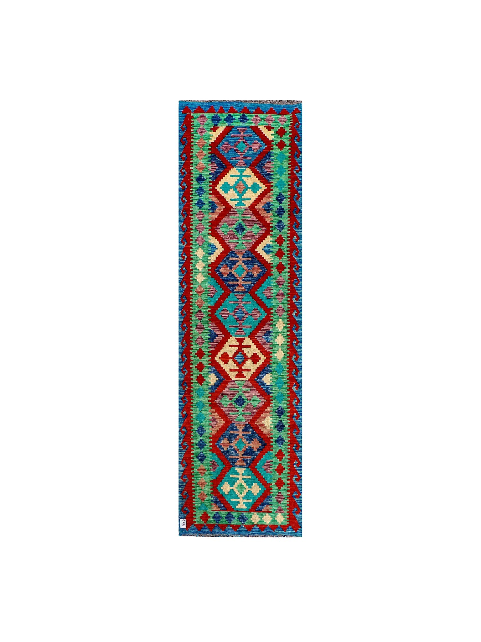Afghan Maimana runner — Diamond Chain in Mint & Blue | 2'9" × 9'5" (83 × 288 cm)
