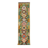 Afghan Maimana runner — Diamond Chain in Green & Grey | 2'8" × 15'11" (81 × 485 cm)