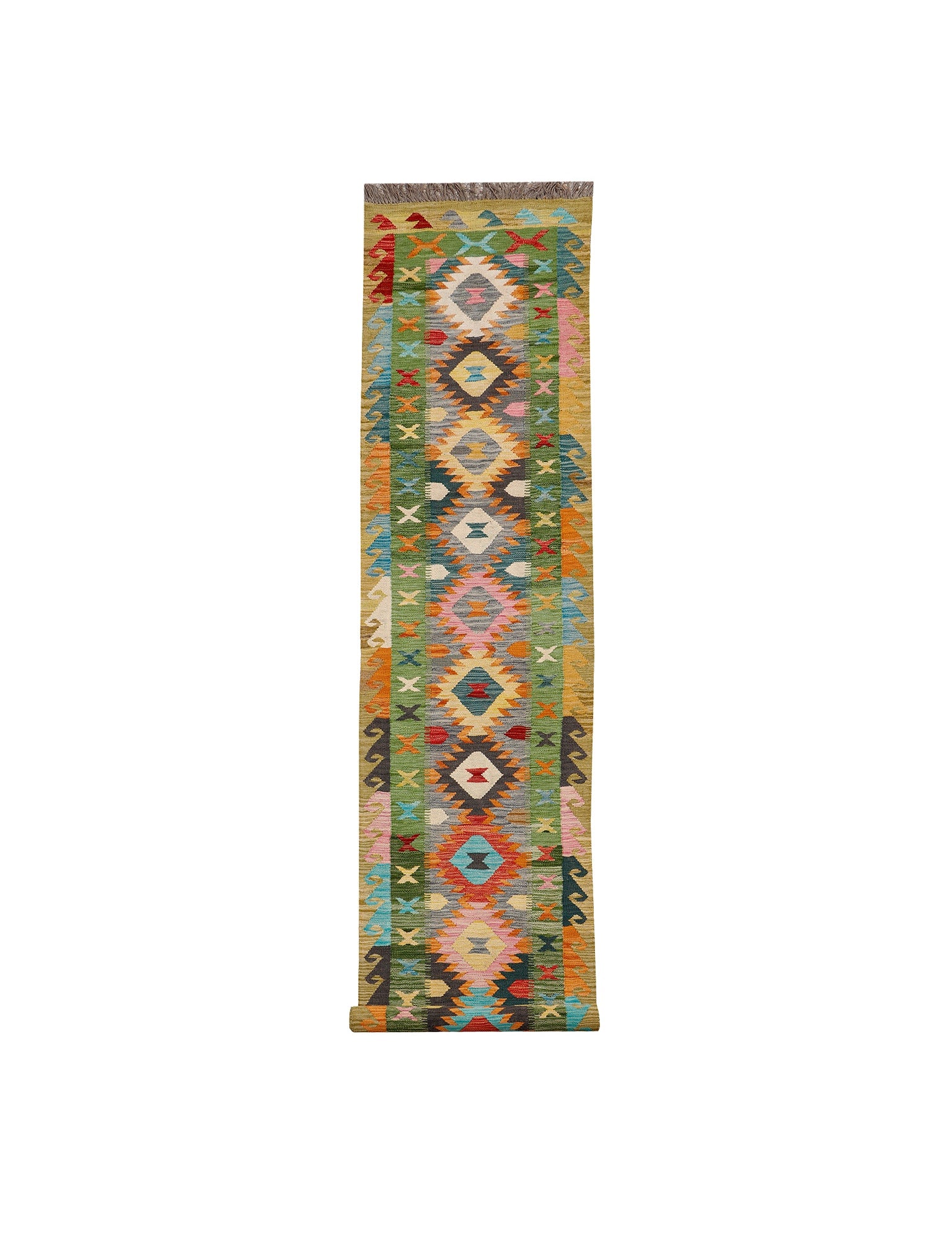 Afghan Maimana runner — Diamond Chain in Green & Grey | 2'8" × 15'11" (81 × 485 cm)