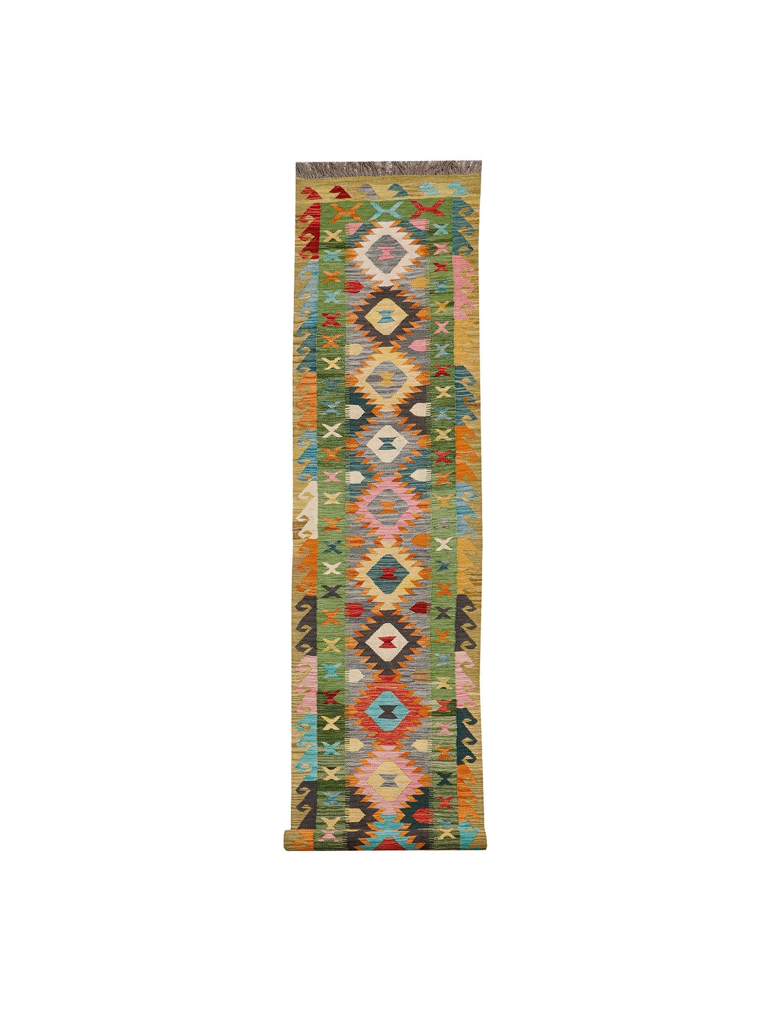 Afghan Maimana runner — Diamond Chain in Green & Grey | 2'8" × 15'11" (81 × 485 cm)