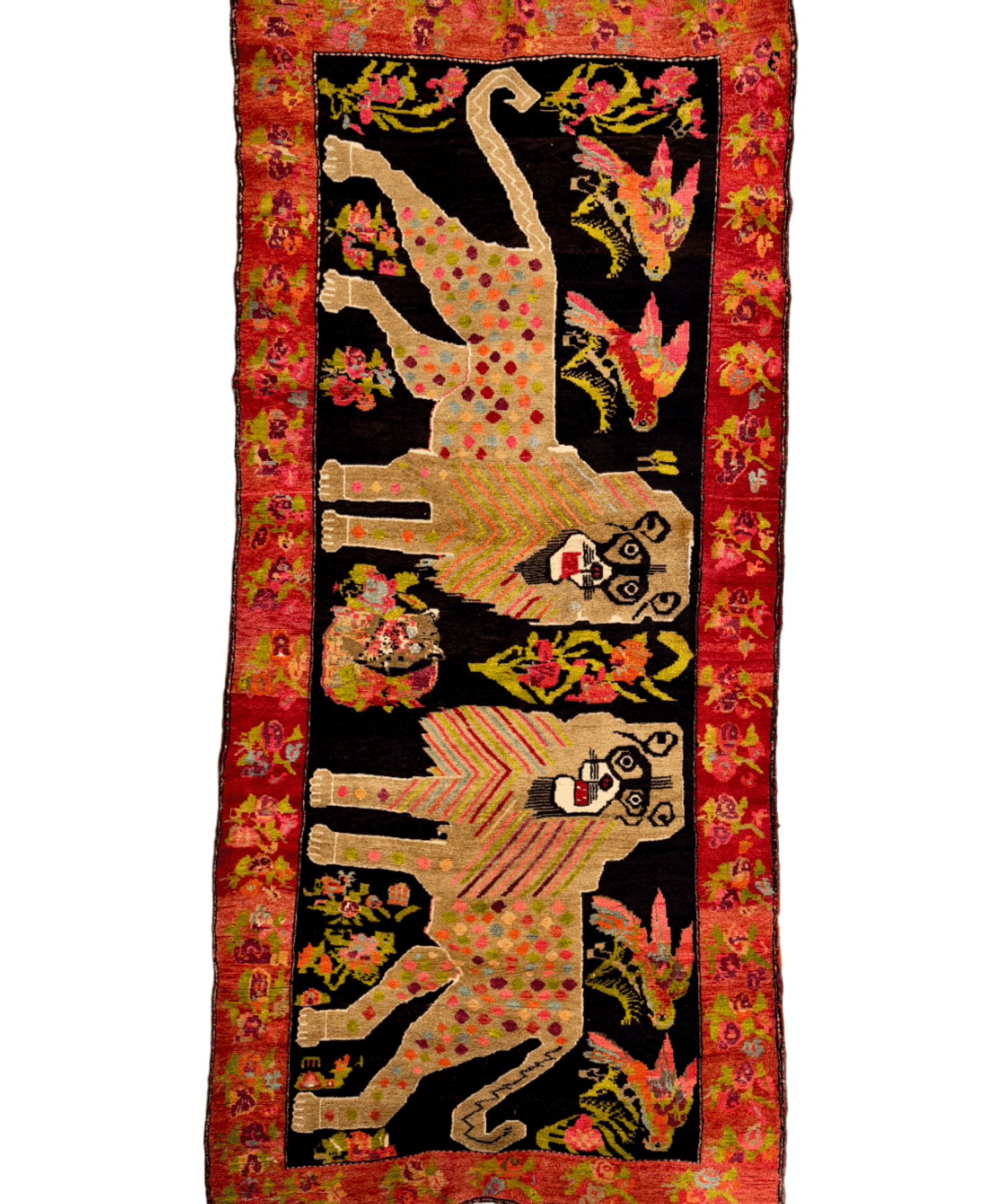 Rectangular multicolor rug with red border and black center panel of geometric animal motifs