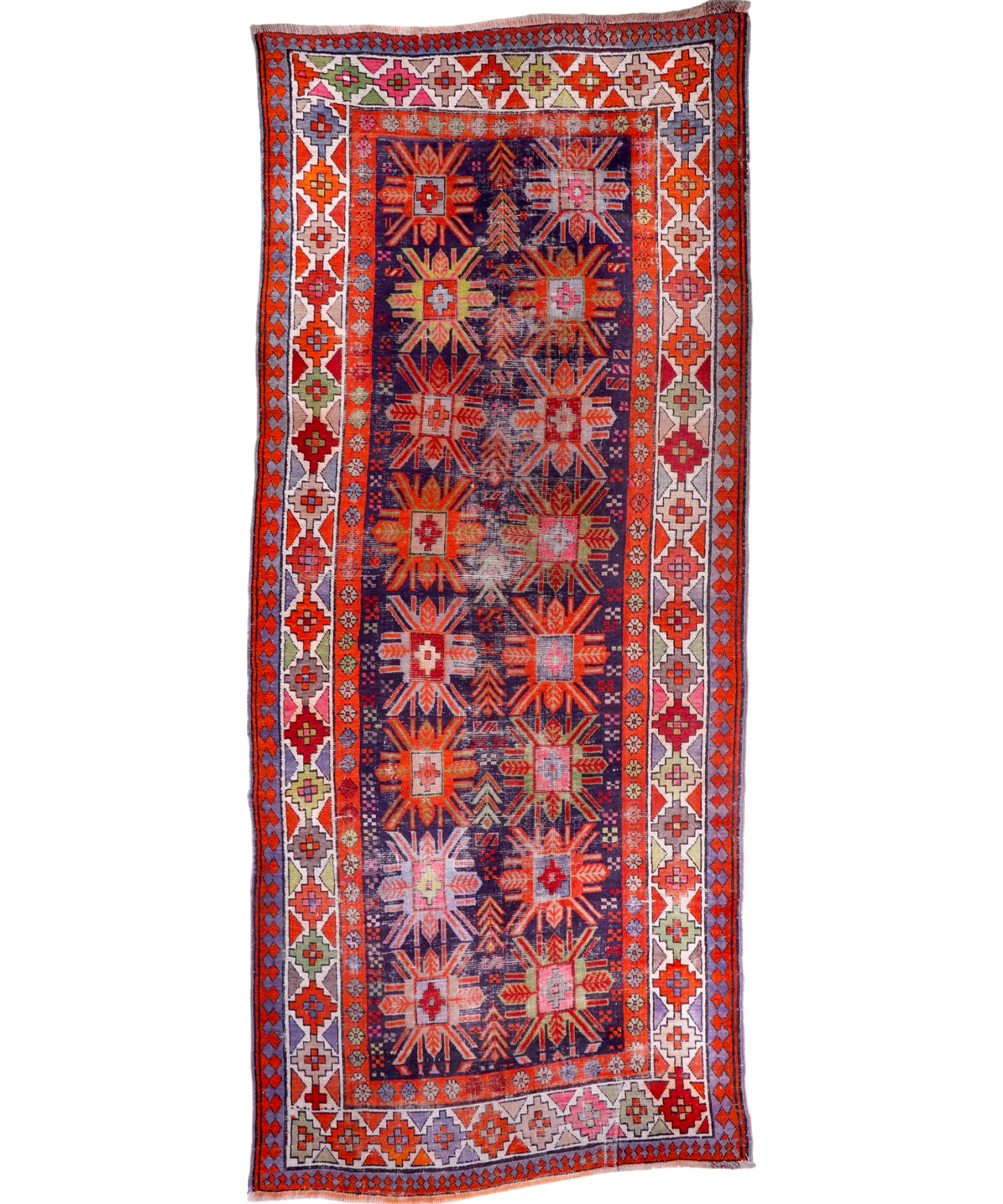 Kazak-style runner rug with red, navy, cream geometric medallion and side borders