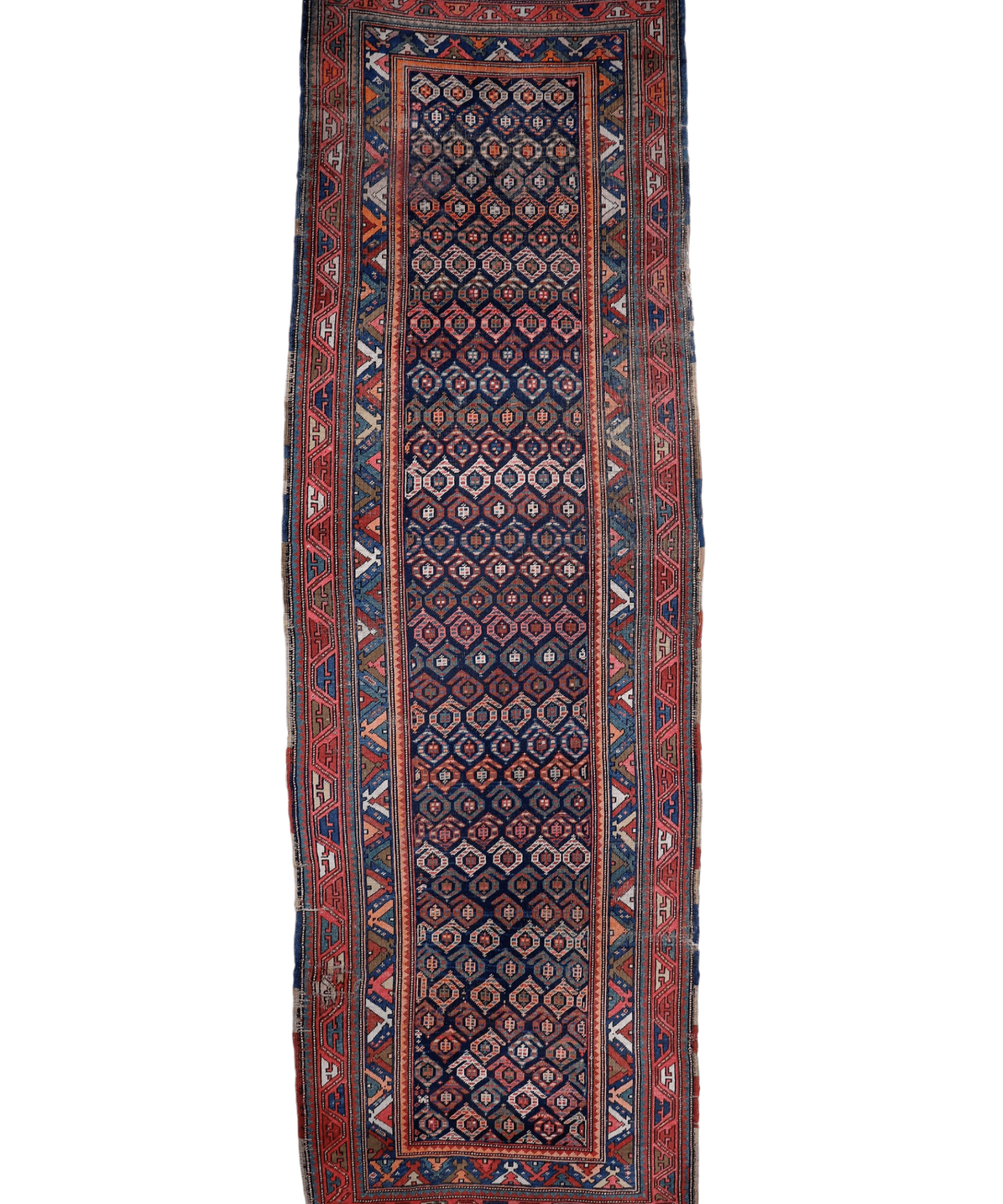 Navy blue runner rug with red and tan geometric borders, rectangular traditional pattern