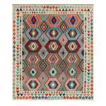 Afghan Maimana kilim — Large Diamonds in Turquoise & Red | 8'5" × 9'11" (256 × 302 cm)