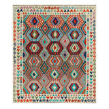 Afghan Maimana kilim — Large Diamonds in Turquoise & Red | 8'5" × 9'11" (256 × 302 cm)